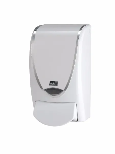 Deb Stoko White Silverline dispenser, i hvit plast med sølvfarget kant, 1 L